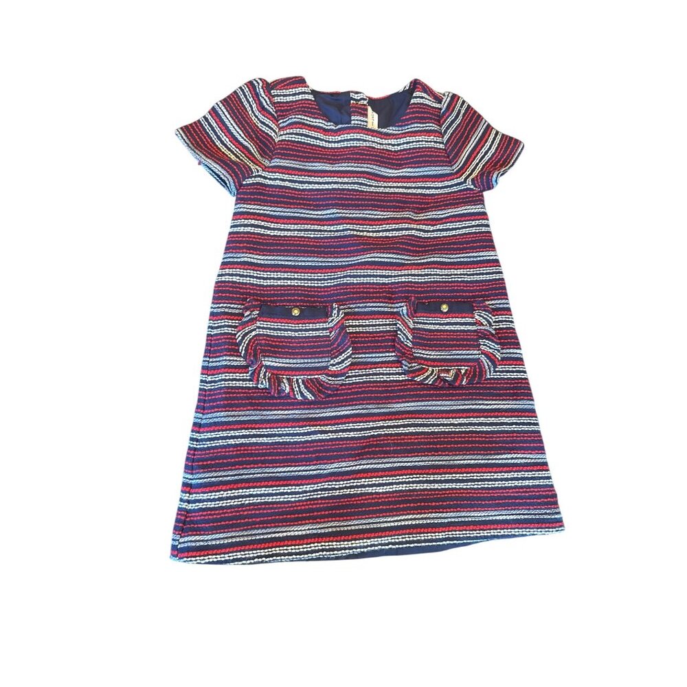 Janie And Jack Girls Boucle Shift Dress Size 5 Red White Blue Striped Pockets